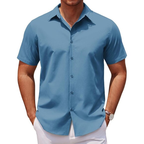 Gray Blue Men Casual Short Sleeve Button Down Untucked Wrinkle Free Dress Shirt - Picture 1 of 5